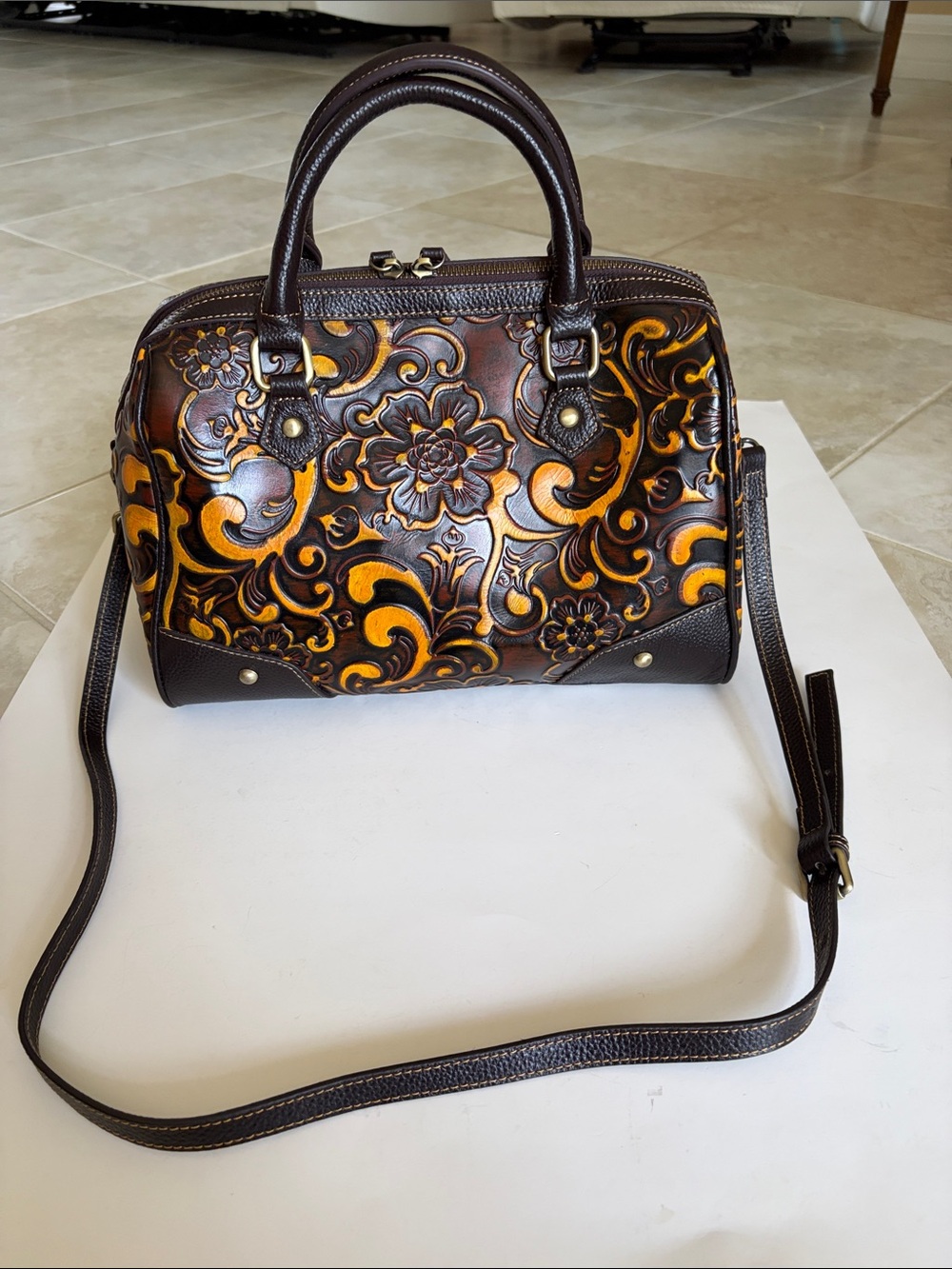 Handtooled Floral Leather Satchel in Dark Brown & Yellow